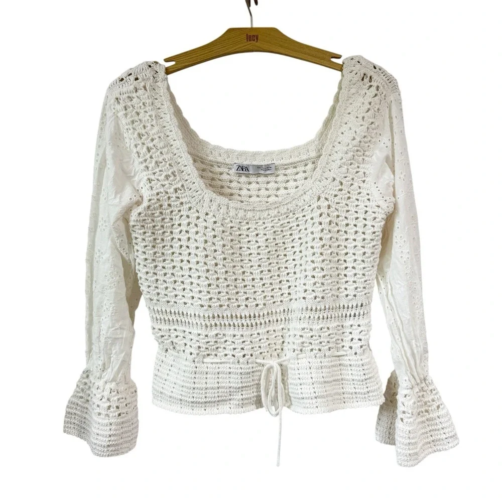 ZARA COMBINATION KNIT EMBROIDERED COTTON SWEATER TOP BLOUSE Large White